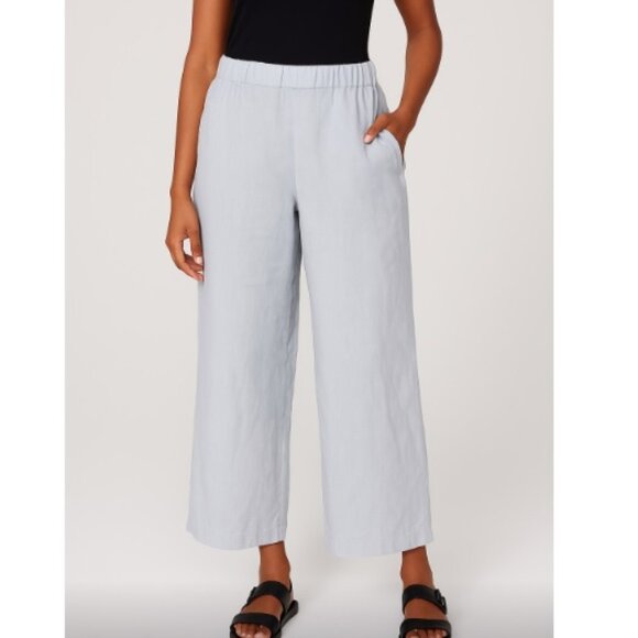 Eileen Fisher Large Light Gray Powdery Blue Organic Linen Wide-Leg Pants - Picture 1 of 7